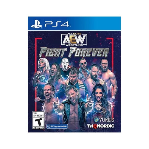 Cover art of the game AEW Fight Forever PS4 featuring illustrations of wrestling characters.