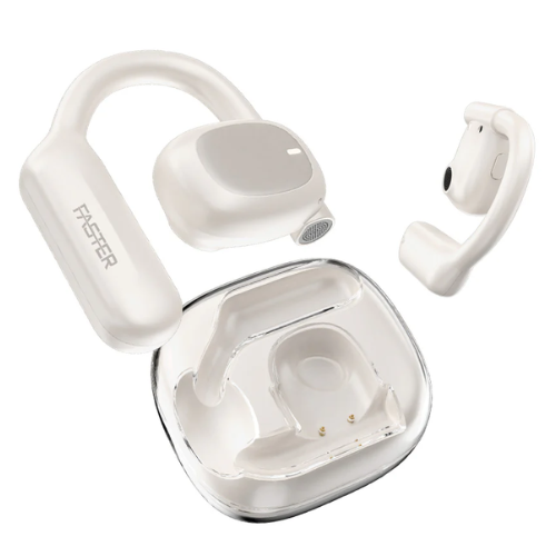 A pair of white
 over-ear wireless earphones with a transparent charging case