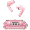 A pair of pink Air 13 Pro TWS Bluetooth earbuds with a clear case displaying digital charging status.