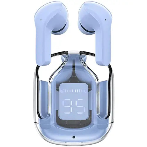 A pair of blue Air 31 TWS earbuds in a charging case with a digital battery percentage display.