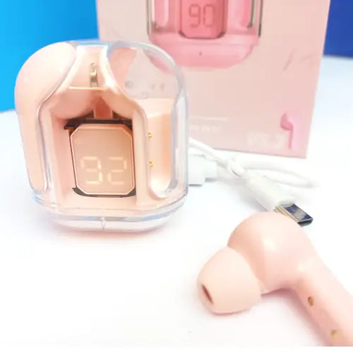 A pair of pink Air 31 TWS earbuds in a charging case with a digital battery percentage display.