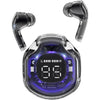 A pair of black Air 39 gaming earbuds in a transparent charging case with a digital display.