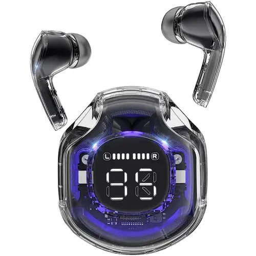 A pair of black Air 39 gaming earbuds in a transparent charging case with a digital display.