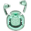 A pair of green Air 39 gaming earbuds in a transparent charging case with a digital display.