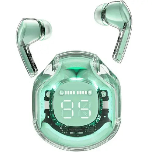 A pair of green Air 39 gaming earbuds in a transparent charging case with a digital display.