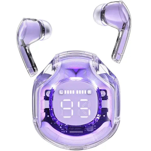 A pair of purple Air 39 gaming earbuds in a transparent charging case with a digital display.