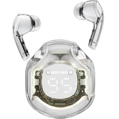 A pair of white Air 39 gaming earbuds in a transparent charging case with a digital display.