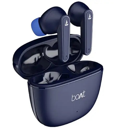 A pair of blue wireless Bluetooth earbuds in an open charging case, with the brand name 'boat' visible. Airdopes 115 Wireless Bluetooth Earbuds
