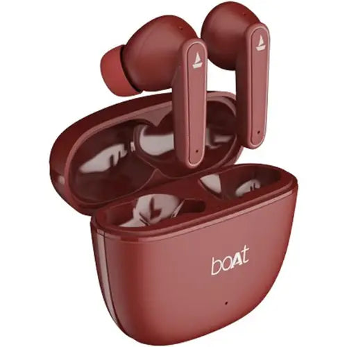 A pair of red wireless Bluetooth earbuds in an open charging case, with the brand name 'boat' visible. Airdopes 115 Wireless Bluetooth Earbuds
