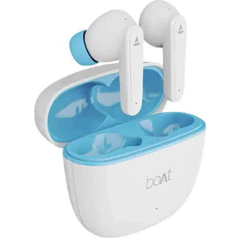 A pair of white and blue wireless Bluetooth earbuds in an open charging case, with the brand name 'boat' visible. Airdopes 115 Wireless Bluetooth Earbuds