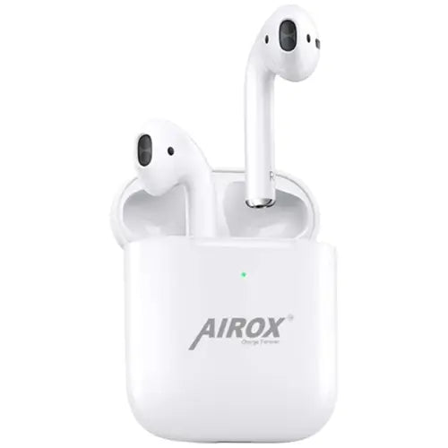 A pair of white Airox AirPods 100 in a charging case.