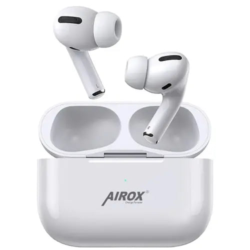 A pair of white Airox 300 AirPods Pro in an open charging case.