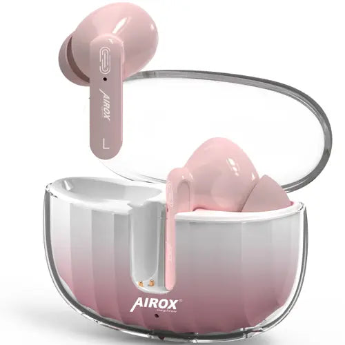 A pair of pink Airox E3 wireless earbuds in a charging case with a blue gradient design.
