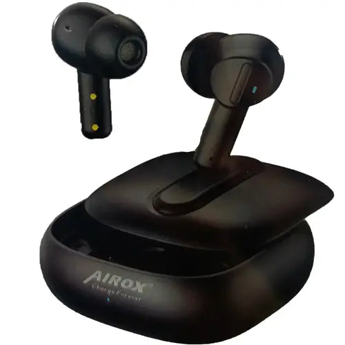A pair of black Airox E5 Wireless Earbuds placed inside their charging case.