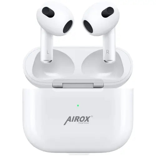 A pair of white Airox X400 AirPods Pro 3rd Gen in an open charging case.