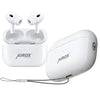 A pair of white Airox X500 AirPods Pro, resembling AirPods Pro, with a charging case and a neck strap.