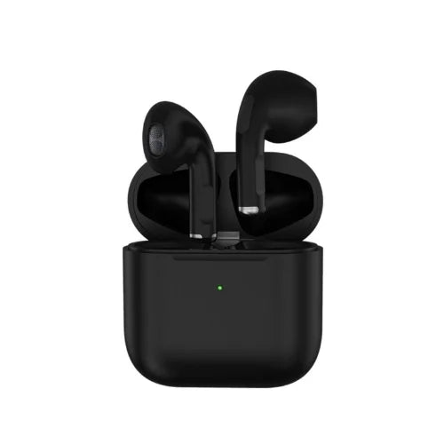 A pair of black Airs Pro TWS Bluetooth Earbuds in their charging case, with a green indicator light visible on the case.