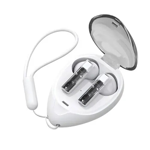 A pair of white earbuds in an open charging case, with a visible USB cable. Amgras A2 pro Earbuds