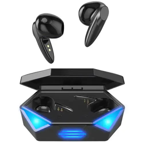 A pair of black Amgras Future A8 Pro Earbuds placed inside an open charging case with blue LED lights indicating power status.