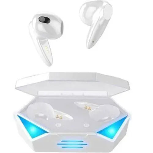 A pair of white Amgras Future A8 Pro Earbuds placed inside an open charging case with blue LED lights indicating power status.