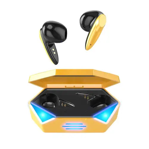 A pair of yellow Amgras Future A8 Pro Earbuds placed inside an open charging case with blue LED lights indicating power status.
