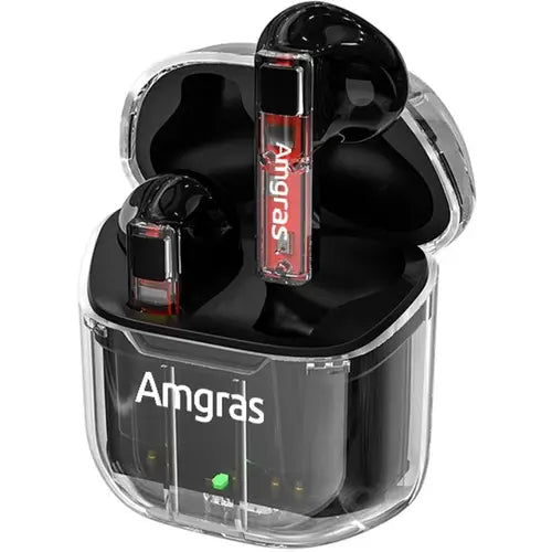 A pair of black Amgras Future II Pro Bluetooth transparent earphones with a charging case.