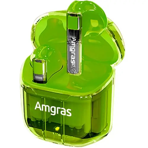 A pair of green Amgras Future II Pro Bluetooth transparent earphones with a charging case.