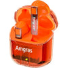 A pair of orange Amgras Future II Pro Bluetooth transparent earphones with a charging case.