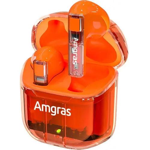 A pair of orange Amgras Future II Pro Bluetooth transparent earphones with a charging case.