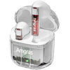 A pair of white Amgras Future II Pro Bluetooth transparent earphones with a charging case.