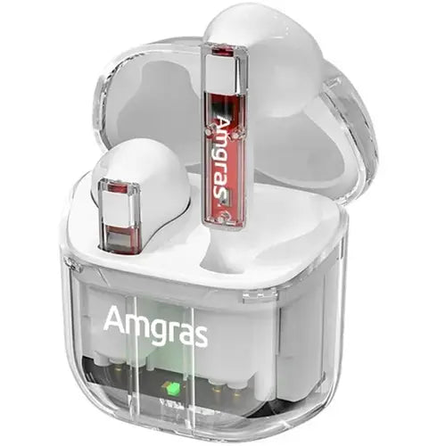 A pair of white Amgras Future II Pro Bluetooth transparent earphones with a charging case.