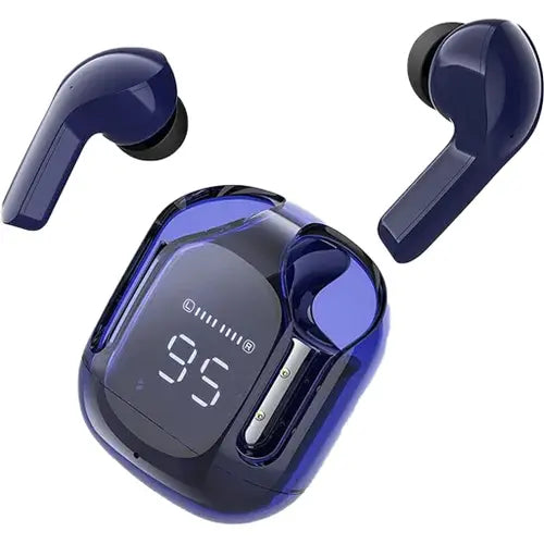 A pair of blue Amgras Future IV Pro Transparent Earphones transparent earphones with a charging case displaying a digital battery indicator at 95%.