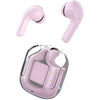A pair of pink Amgras Future IV Pro Transparent Earphones transparent earphones with a charging case displaying a digital battery indicator at 95%.