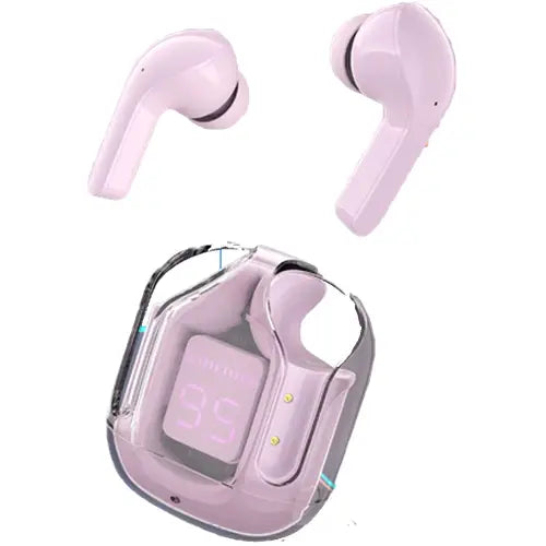 A pair of pink Amgras Future IV Pro Transparent Earphones transparent earphones with a charging case displaying a digital battery indicator at 95%.
