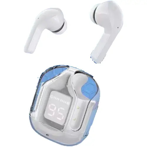 A pair of white Amgras Future IV Pro Transparent Earphones transparent earphones with a charging case displaying a digital battery indicator at 95%.