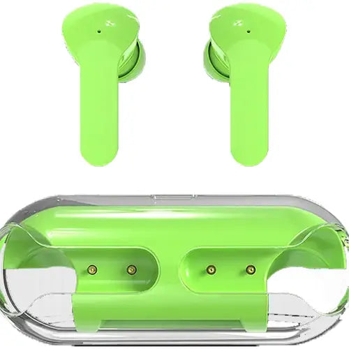 A pair of green Amgras Future V Pro TWS Bluetooth Earbuds in a charging case with LED indicator lights.