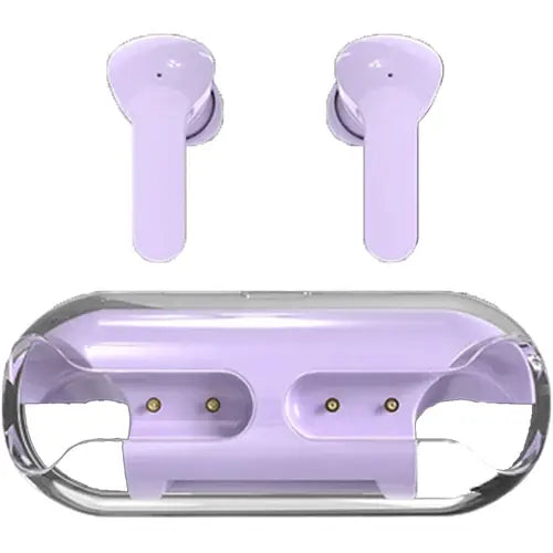 A pair of purple Amgras Future V Pro TWS Bluetooth Earbuds in a charging case with LED indicator lights.