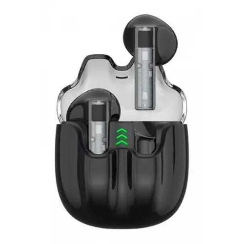 A pair of black in-ear wireless earphones with a charging case Amgras future A3 pro