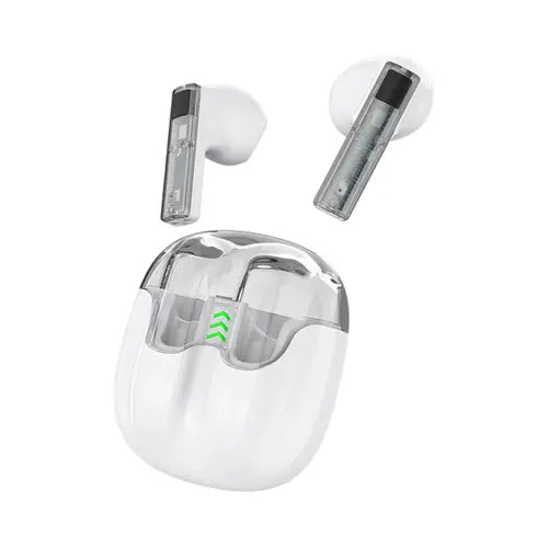 A pair of white in-ear wireless earphones with a charging case Amgras future A3 pro