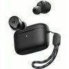 A pair of Anker A20i True Wireless Earbuds in black color with a white charging case and a strap attached to the case.