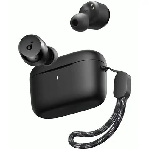 A pair of Anker A20i True Wireless Earbuds in black color with a white charging case and a strap attached to the case.