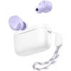 A pair of Anker A20i True Wireless Earbuds in purple color with a white charging case and a strap attached to the case.