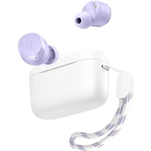 A pair of Anker A20i True Wireless Earbuds in purple color with a white charging case and a strap attached to the case.