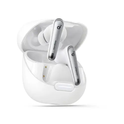 A pair of white Soundcore Liberty 4 ANC true wireless earbuds in an open charging case.