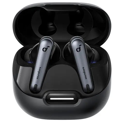 A pair of black Anker Soundcore Liberty 4 NC earbuds in an open charging case.