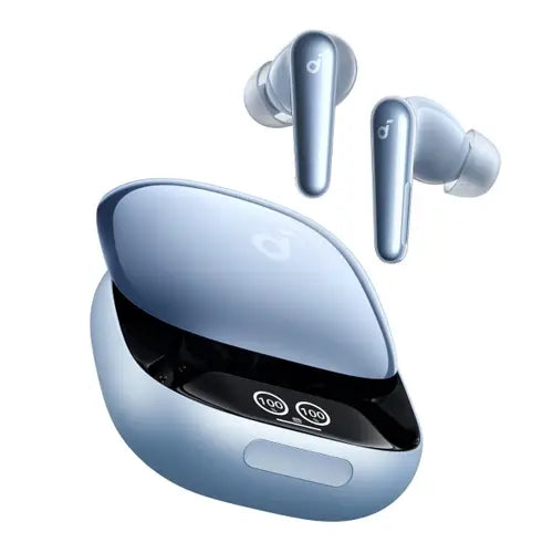 A pair of blue Anker Soundcore Liberty 4 Pro Noise Cancelling True Wireless Earbuds with a charging case.