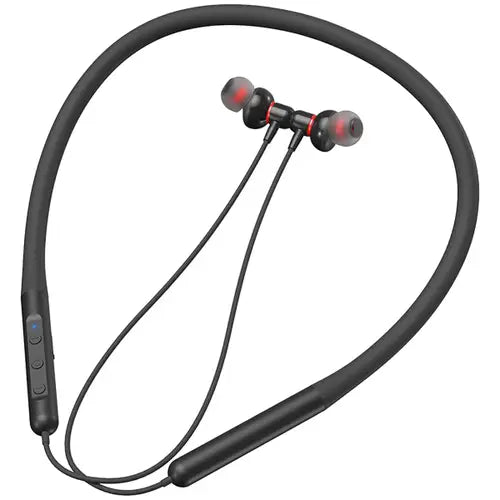 Ansty Sports Wireless Neckband (M-01) earphones in black color with red accents on the ear hooks and a control button on the inline microphone.