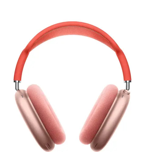 A pair of pink Apple AirPods Max headphones with open ear cups and a metallic headband.
