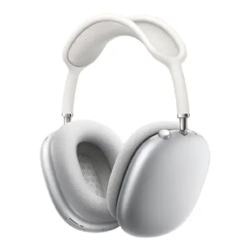 A pair of White Apple AirPods Max headphones with open ear cups and a metallic headband.