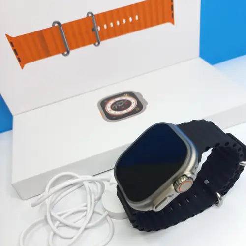 This image features a modern and sleek smartwatch, known as the Apple Logo Watch 8 Ultra. The watch boasts a sophisticated design with a silver metal case and a matching blue strap that exhibits a textured pattern, enhancing its stylish appearance.